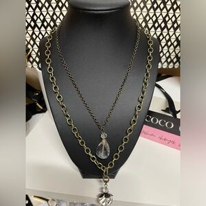 Antique tone necklace coordinated set with glass charm new